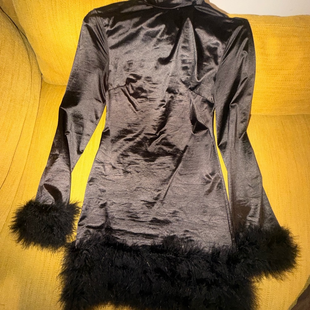 Chic Black Satin Dress with Feather Accents